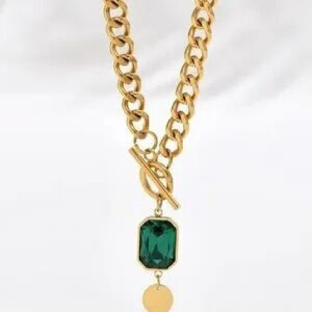 Gold Cuban Link Necklace Green Stone Pendant Stainless Steel Tarnish Free - Picture 2 of 2